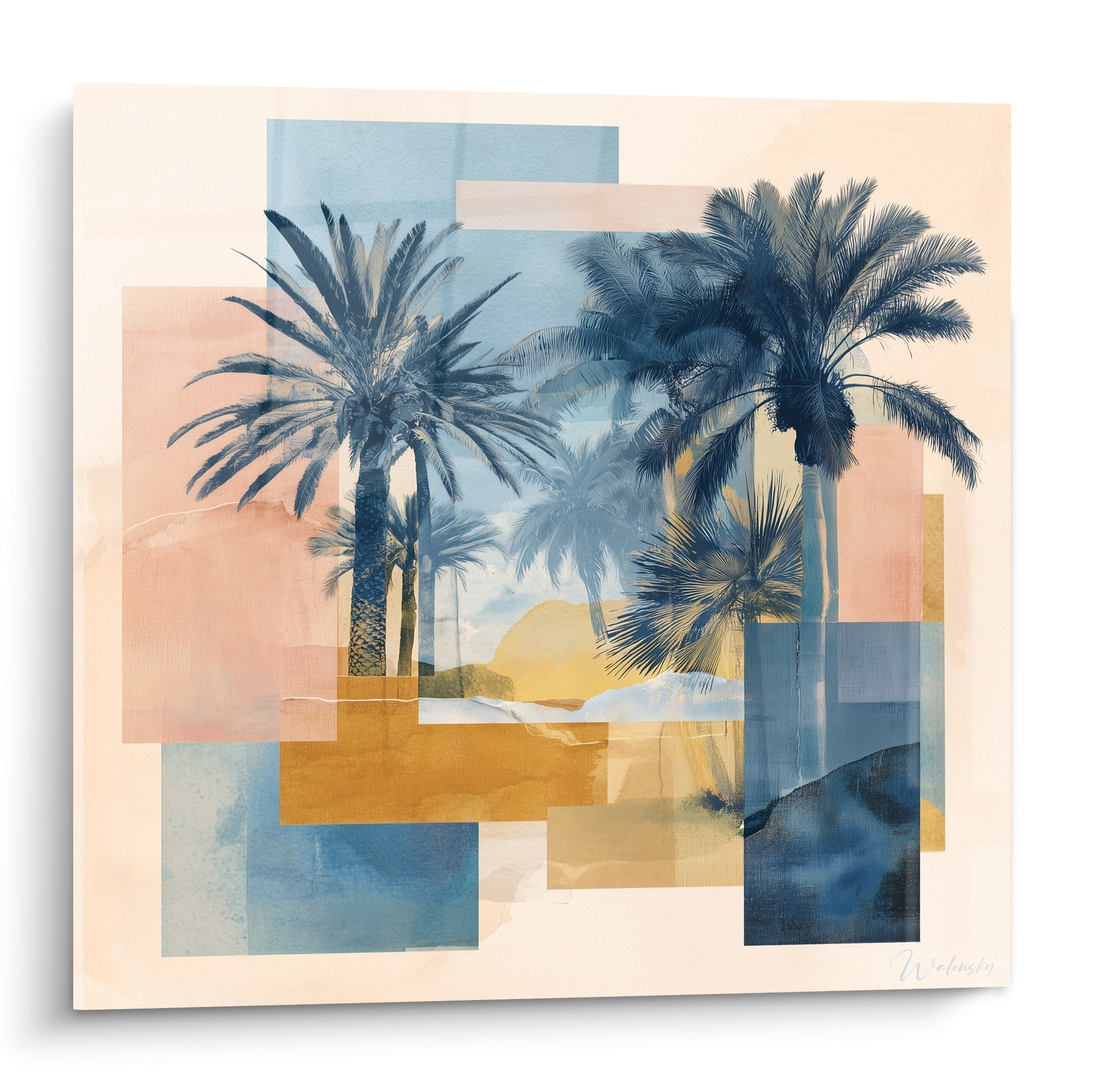 Palmiers bleu marine se déploient sur un collage rose poudré et ocre doré, style aquarelle graphique