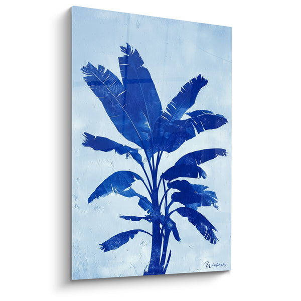 Tableau Bananier bleu marine et ciel pâle silhouette - Texture murale ancienne - Edition Palmier