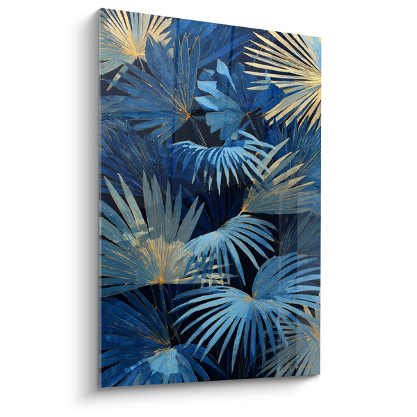 Tableau Feuilles éventail bleu marine et doré - Nuit tropicale dorée - Edition Palmier