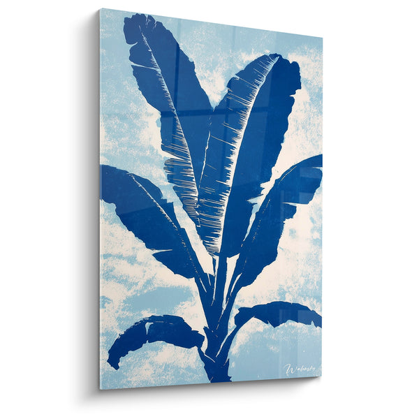 Tableau Bananier bleu marine et blanc silhouette moucheté - Texture délavée nuageuse - Edition Palmier