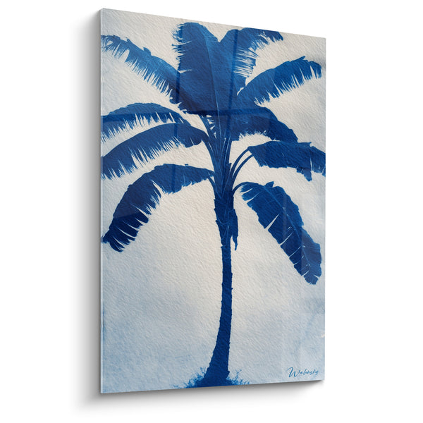 Tableau Bananier bleu indigo et blanc sur papier texturé - Empreinte façon cyanotype - Edition Palmier