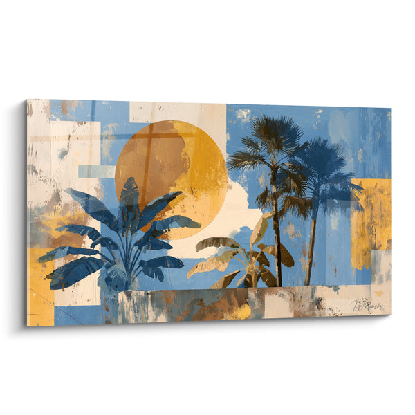 Tableau Palmiers bleu marine et soleil ocre - Évasion au crépuscule - Edition Palmier