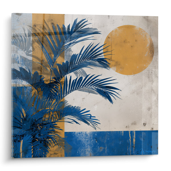 Tableau Palmier bleu et jaune ocre soleil - Halte tropicale - Edition Palmier