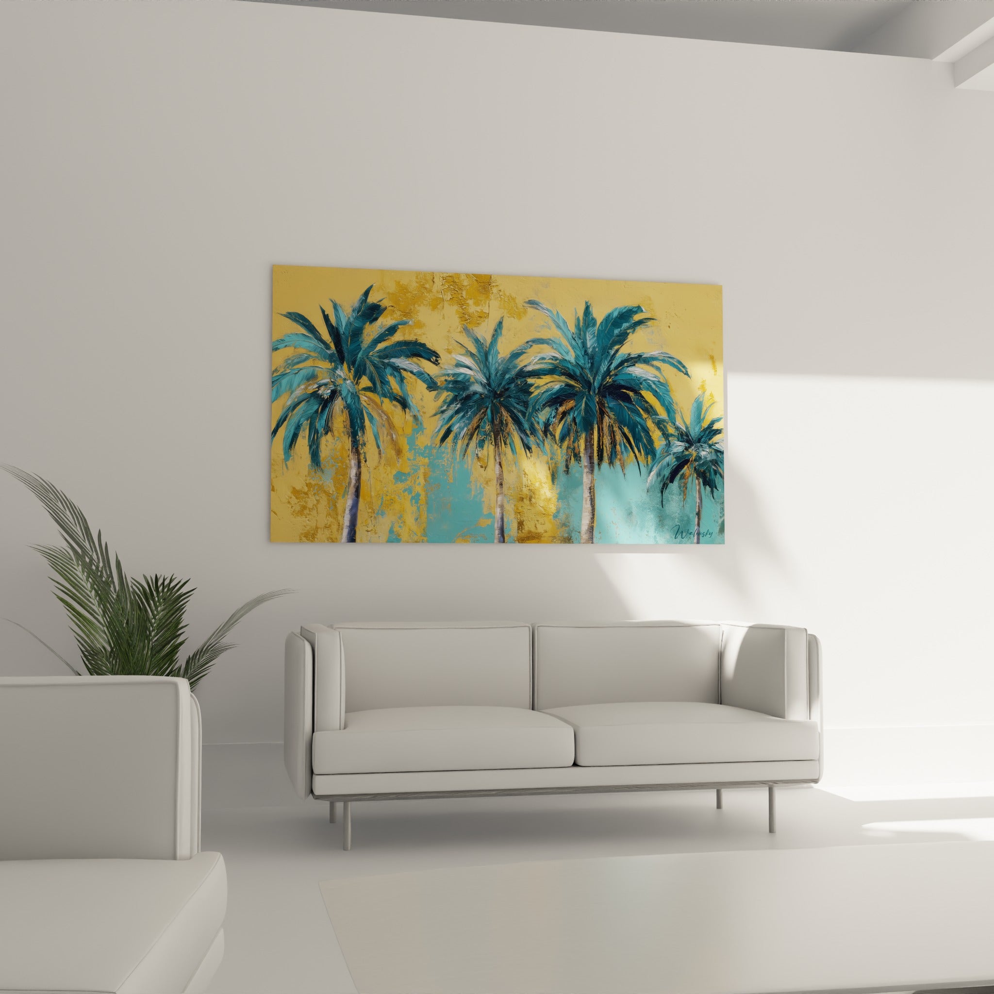 Rangée de palmiers bleu pétrole et ocre doré disposée au-dessus d'un canapé dans un salon lumineux