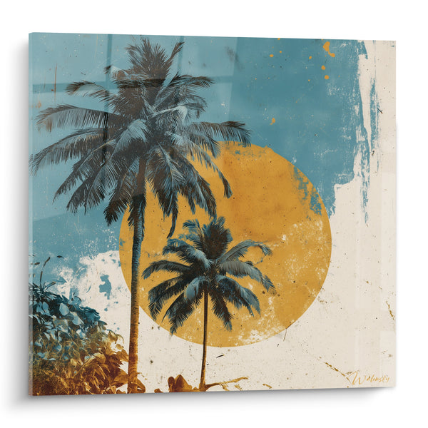 Tableau Palmiers bleu pétrole et disque ocre - Soleil des tropiques - Edition Palmier
