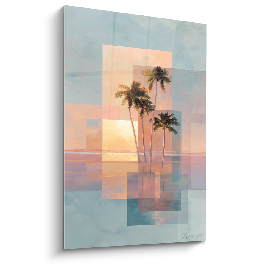 Tableau Palmiers bleu pâle et pêche sur collage géométrique - Soleil couchant en reflet - Edition Palmier