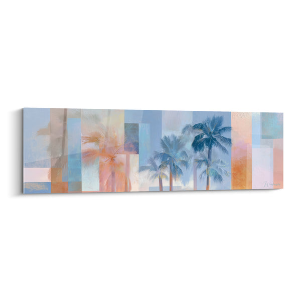 Tableau Palmiers bleu poudré et orange géométrique - Brise côtière - Edition Palmier