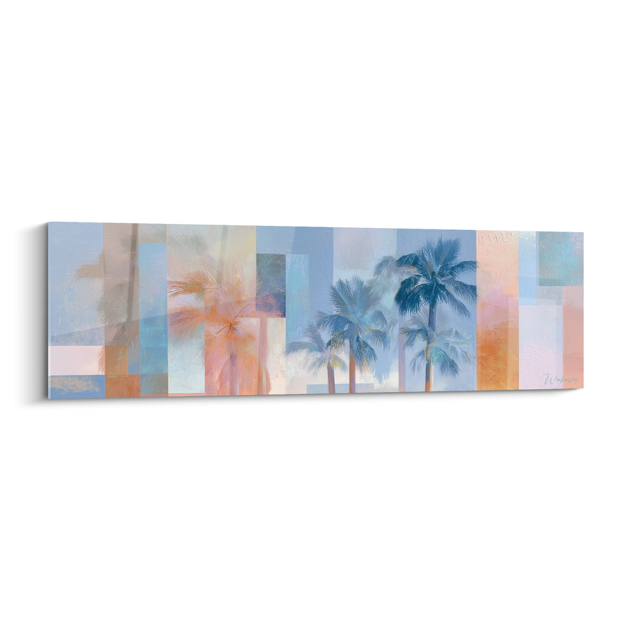 Tableau Palmiers bleu poudré et orange géométrique - Brise côtière - Edition Palmier