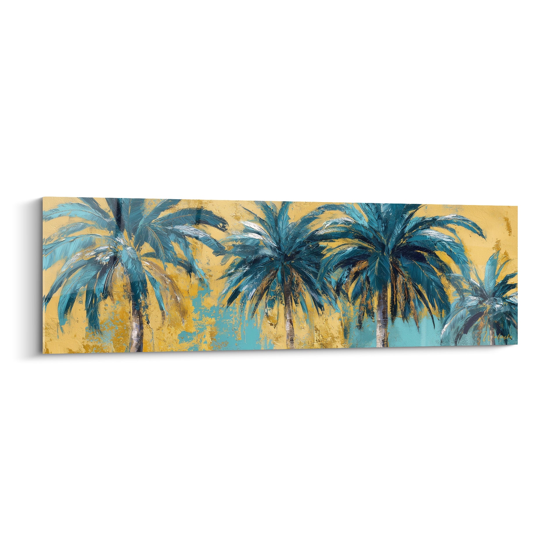 Palmiers bleu sarcelle peints au couteau sur fond doré texturé, composition panoramique tropicale
