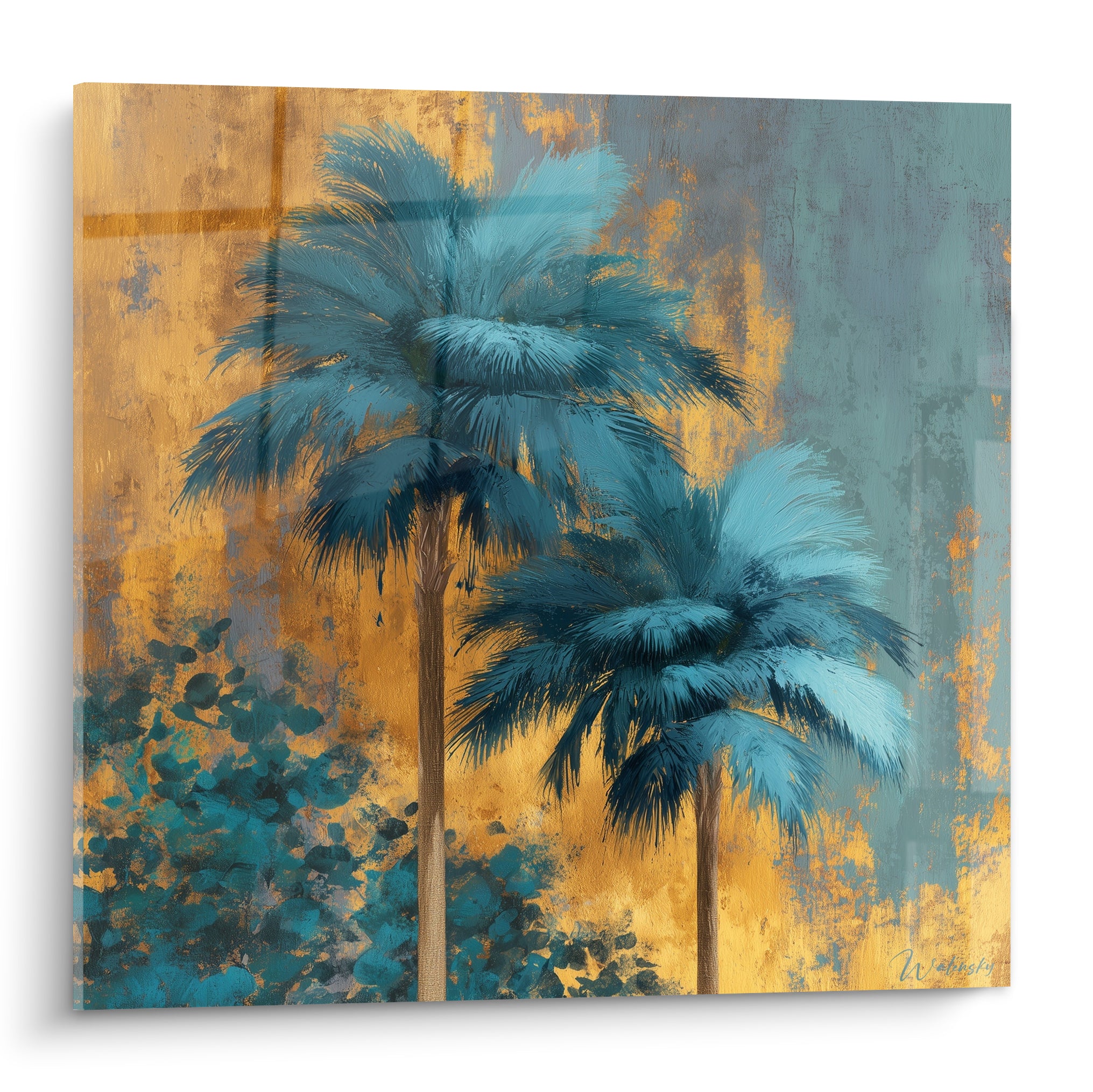 Palmiers bleu sarcelle et turquoise se détachant sur un fond ocre doré texturé et patiné