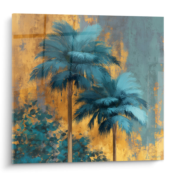 Tableau Palmiers bleu sarcelle et fond ocre doré - Chaleur tropicale - Edition Palmier