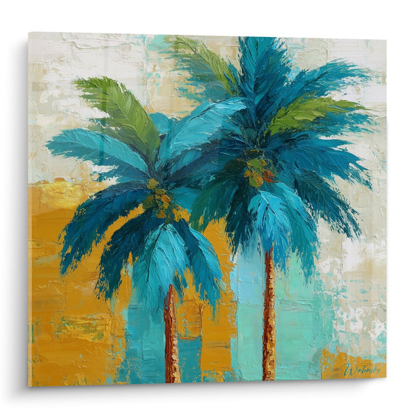 Tableau Palmiers bleu turquoise et fond ocre - Évasion sous les tropiques - Edition Palmier