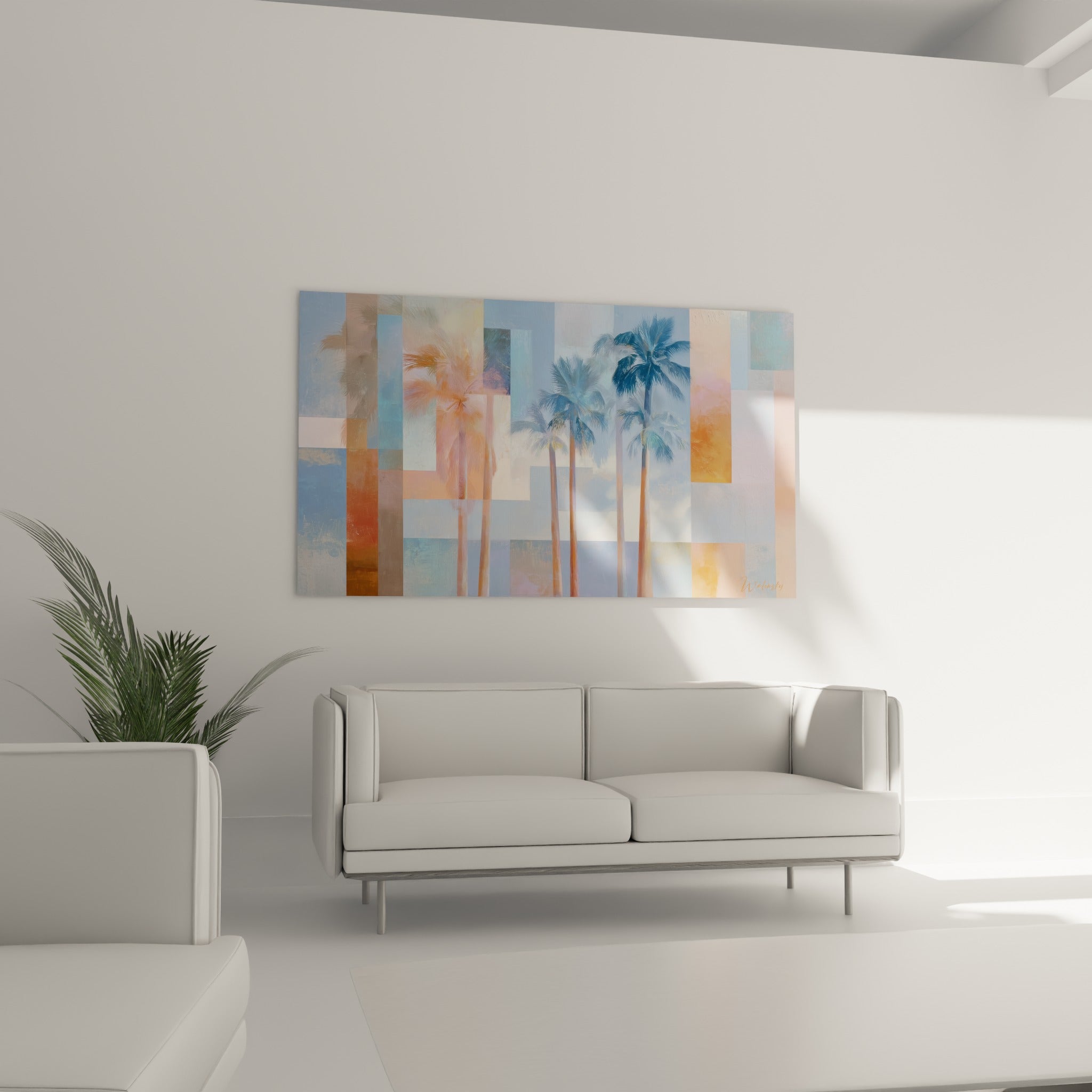 Palmiers élancés terracotta et bleu pastel au-dessus d'un canapé dans un salon lumineux