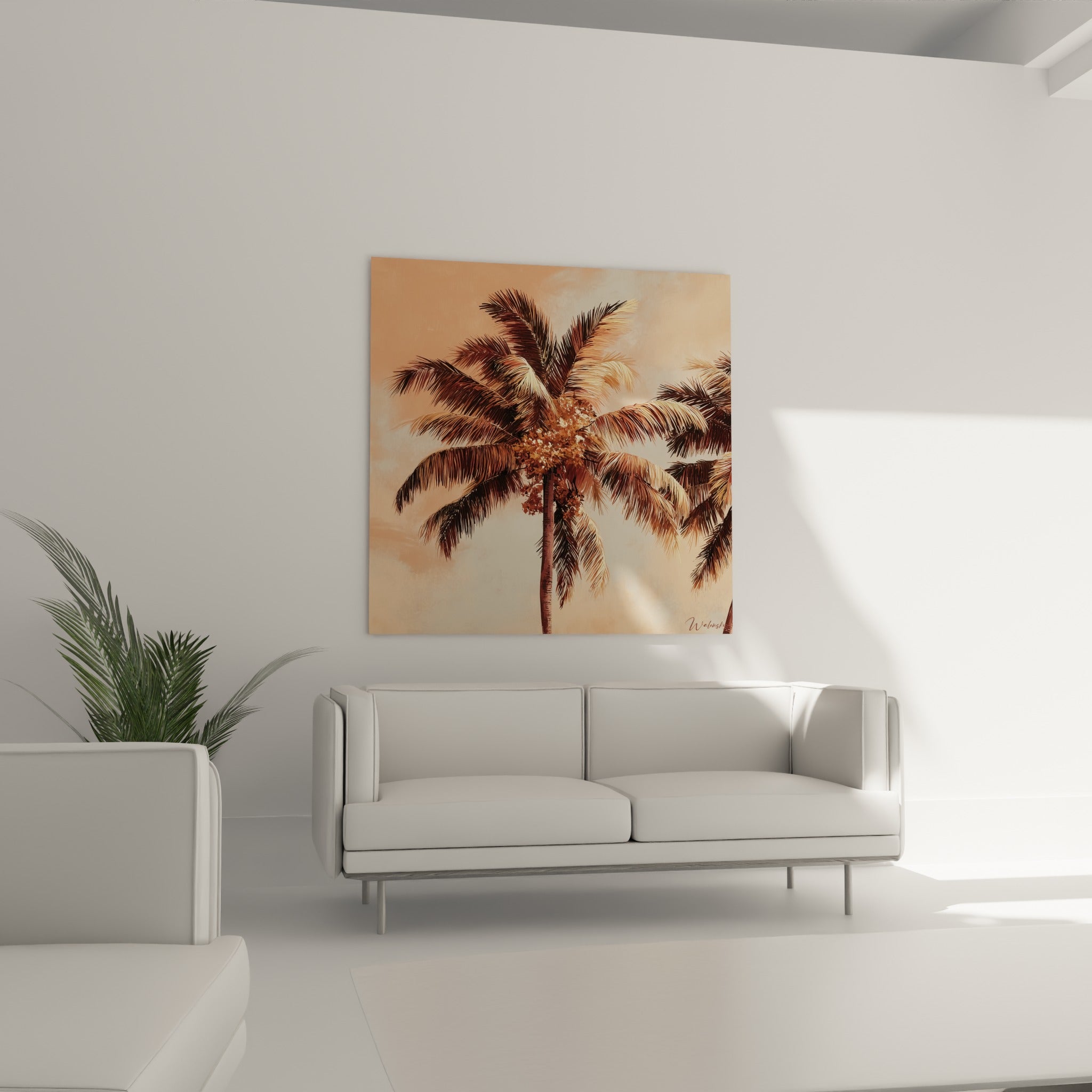 Palmes brunes et dorées d'un palmier tropical illustré, au-dessus d'un canapé dans un salon lumineux