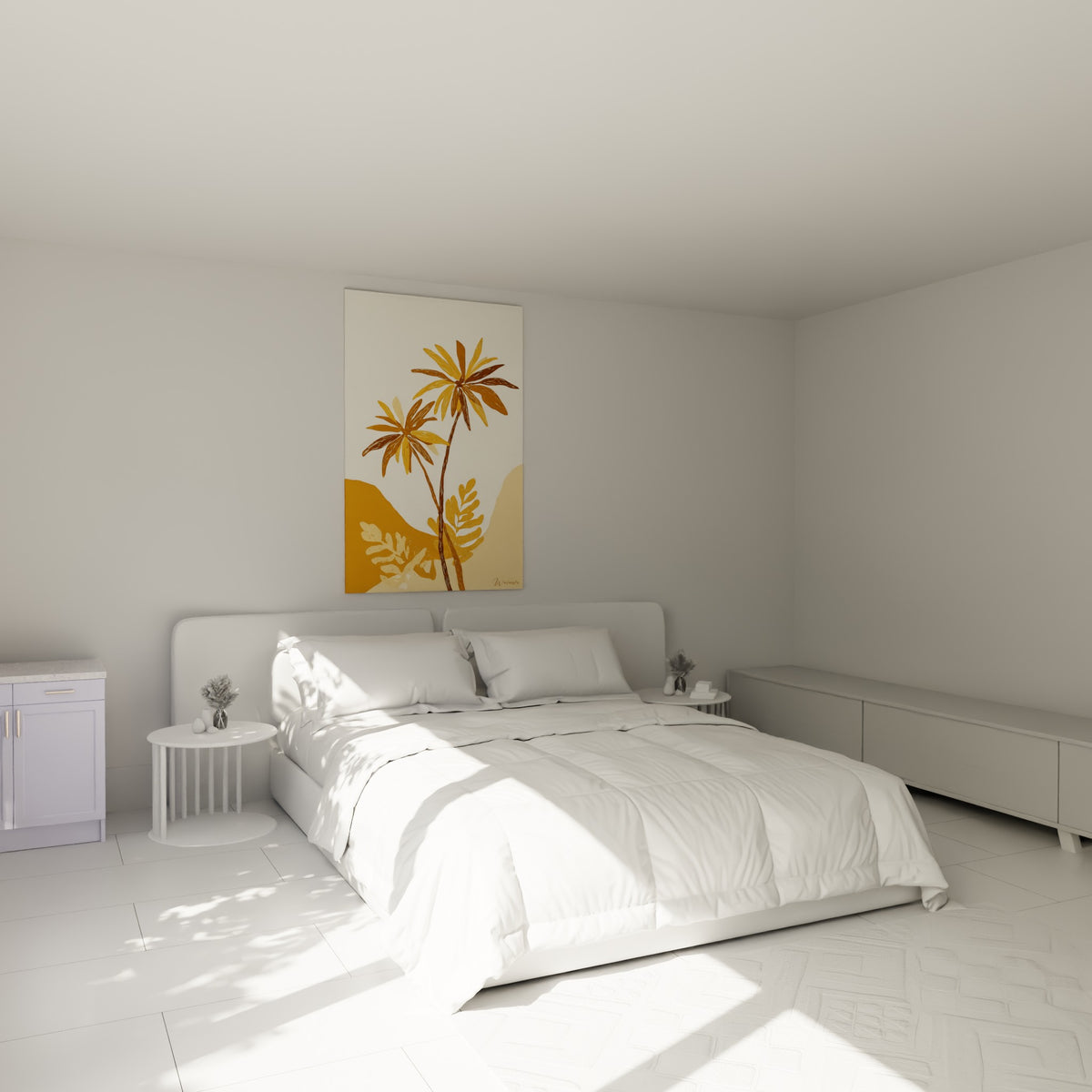 Illustration de palmiers dorés et bruns au-dessus d'un lit dans une chambre claire et lumineuse