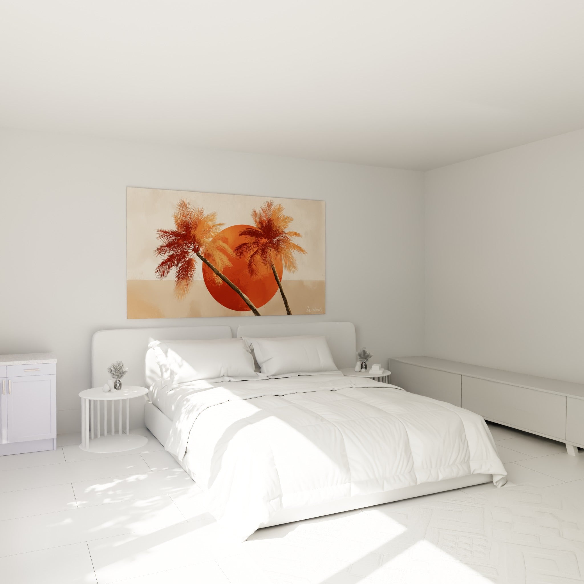 Palmiers ocre et disque terracotta déployés au-dessus d'un lit dans une chambre claire