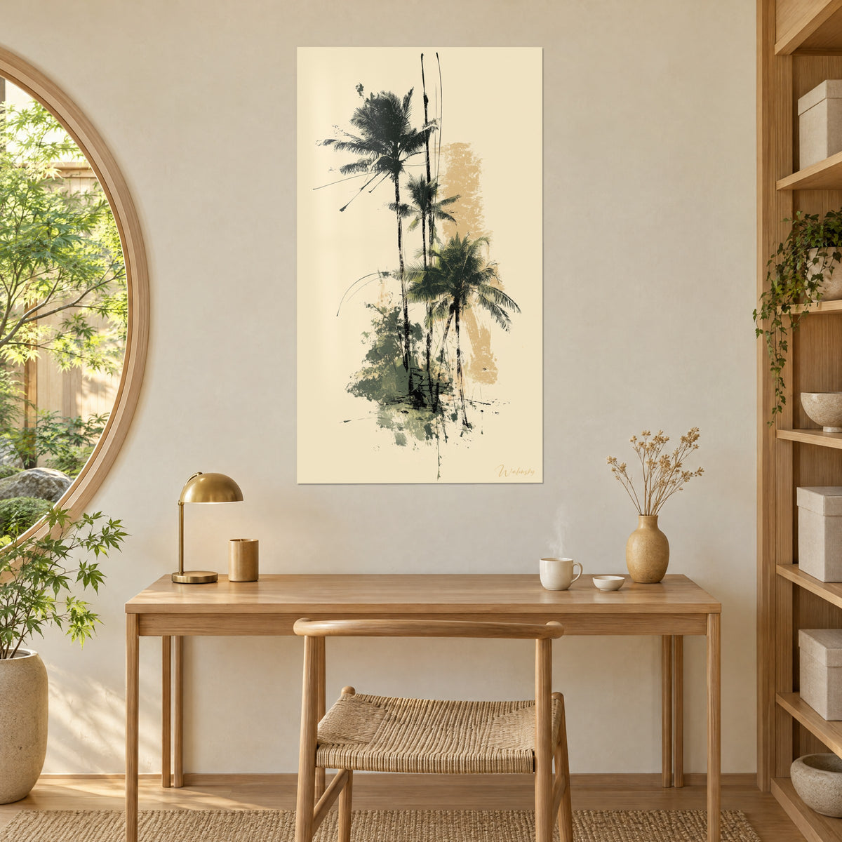 Tableau palmes noires dessinées au pinceau sec, touffe de végétation vert sauge en pied, bureau en bois clair, miroir rond sur un jardin
