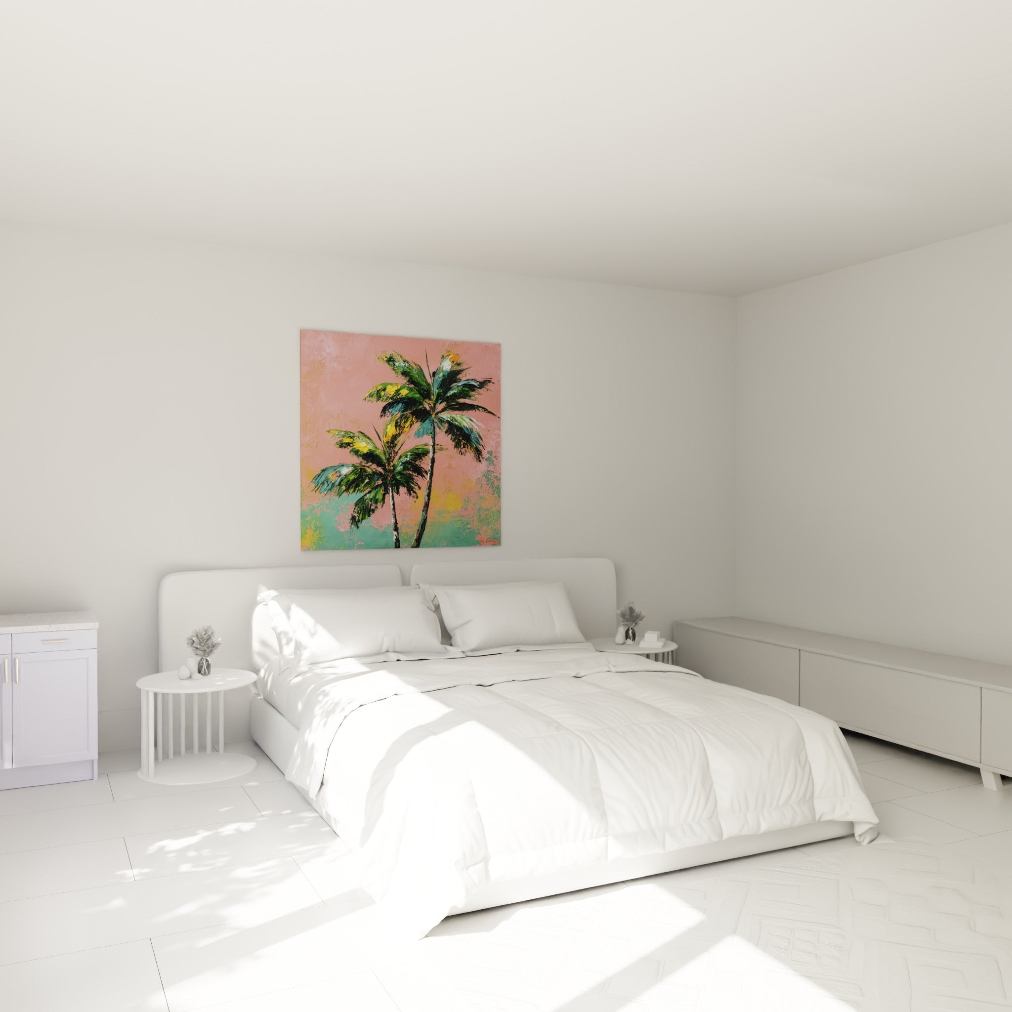 Palmiers verts et roses en mouvement au-dessus d'un lit dans une chambre claire