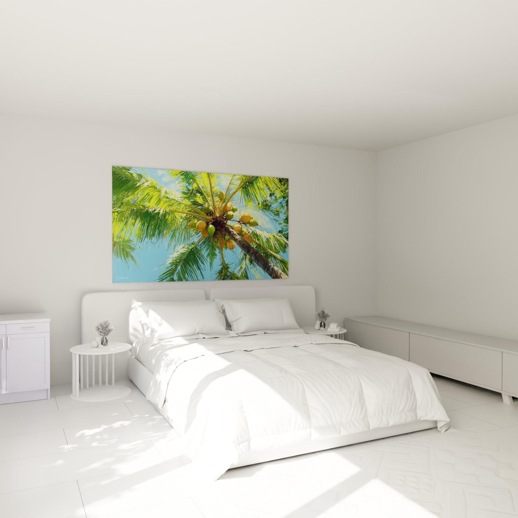 Palmier tropical aux noix de coco jaune doré accroché au-dessus d'un lit dans une chambre claire