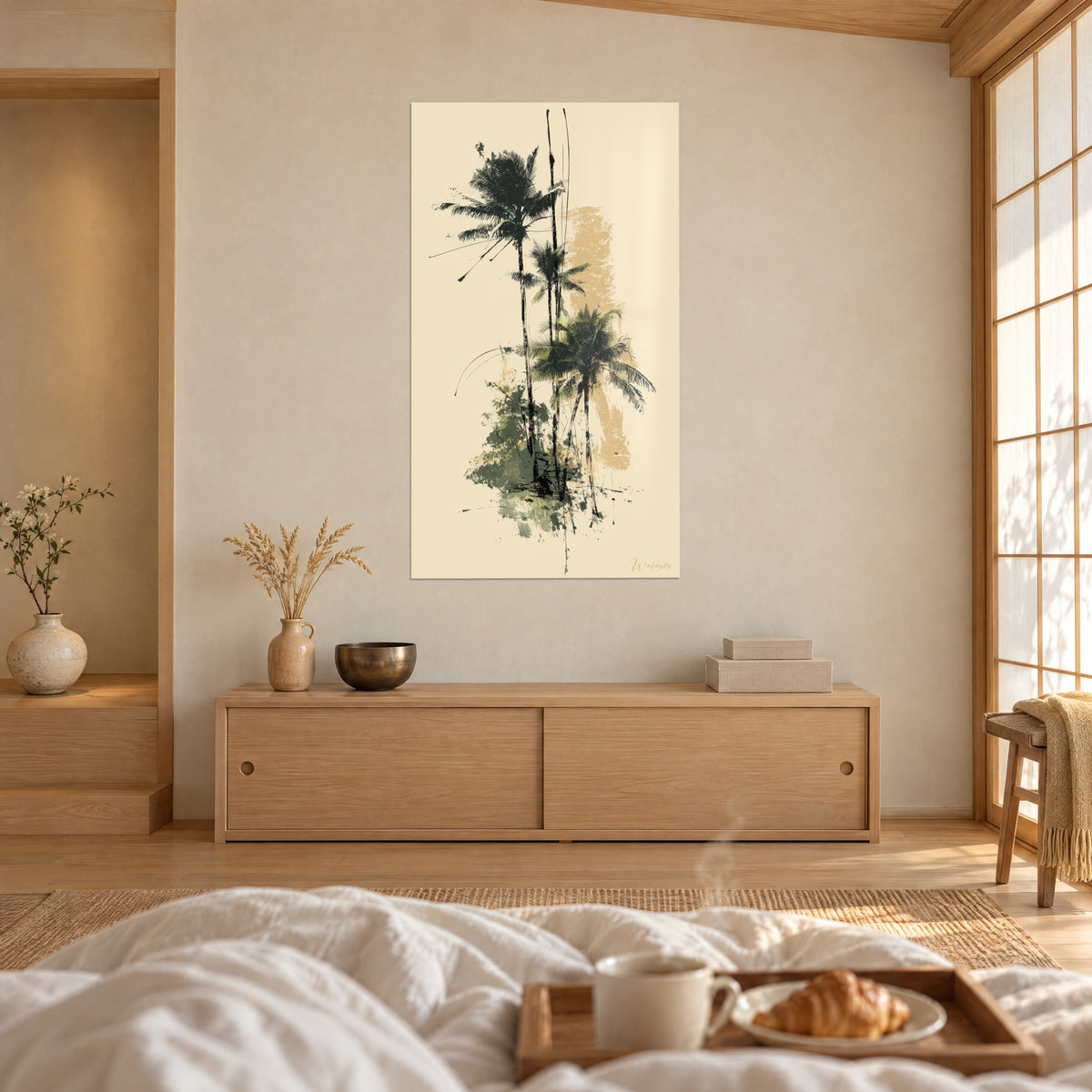 Tableau cocotiers élancés en silhouettes sombres sur fond beige, tache sable derrière les palmes, au-dessus d'un lit dans une chambre claire