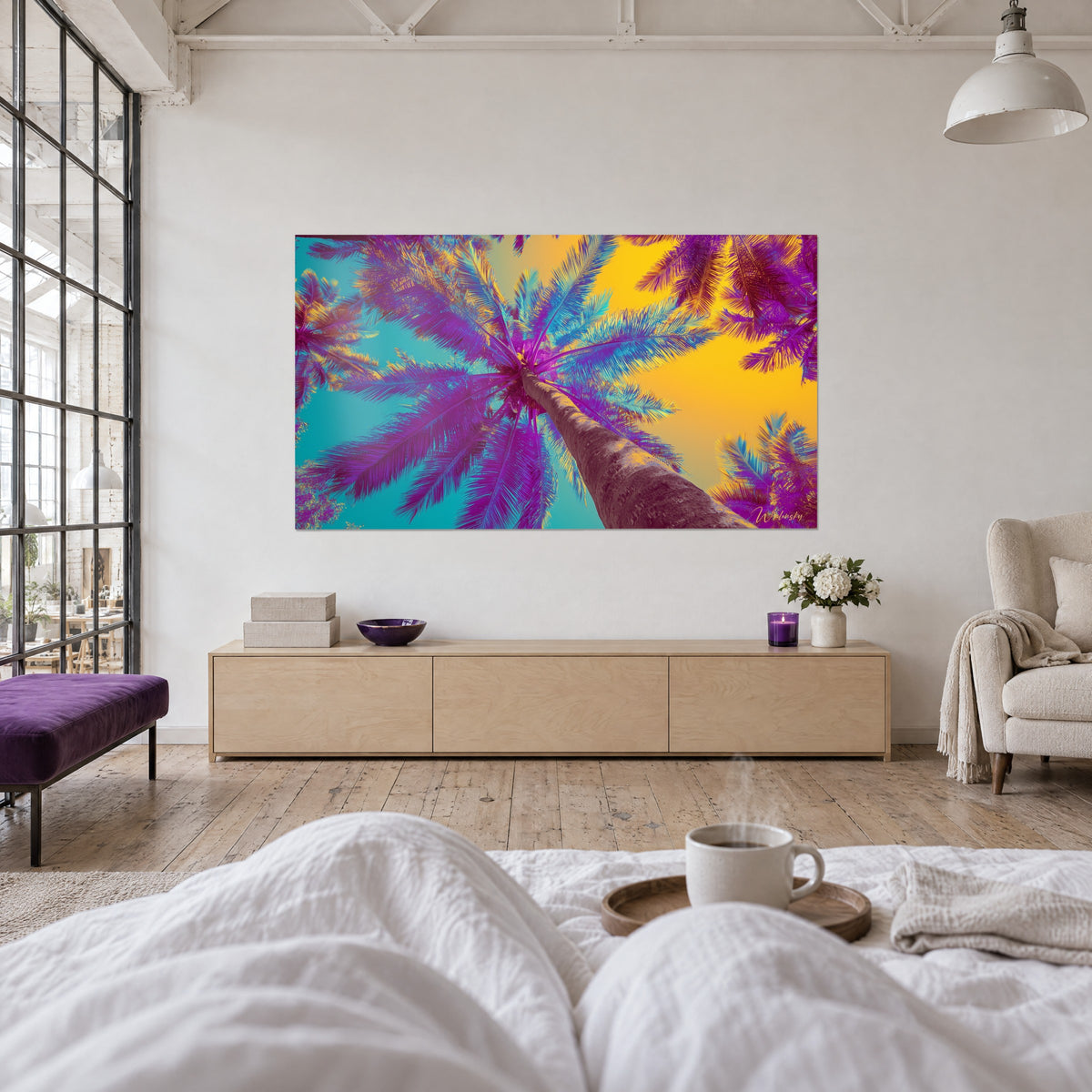 Cuadro palmera en perspectiva vertiginosa desde su tronco, frondas magenta y cielo turquesa, encima de una cama en un dormitorio claro