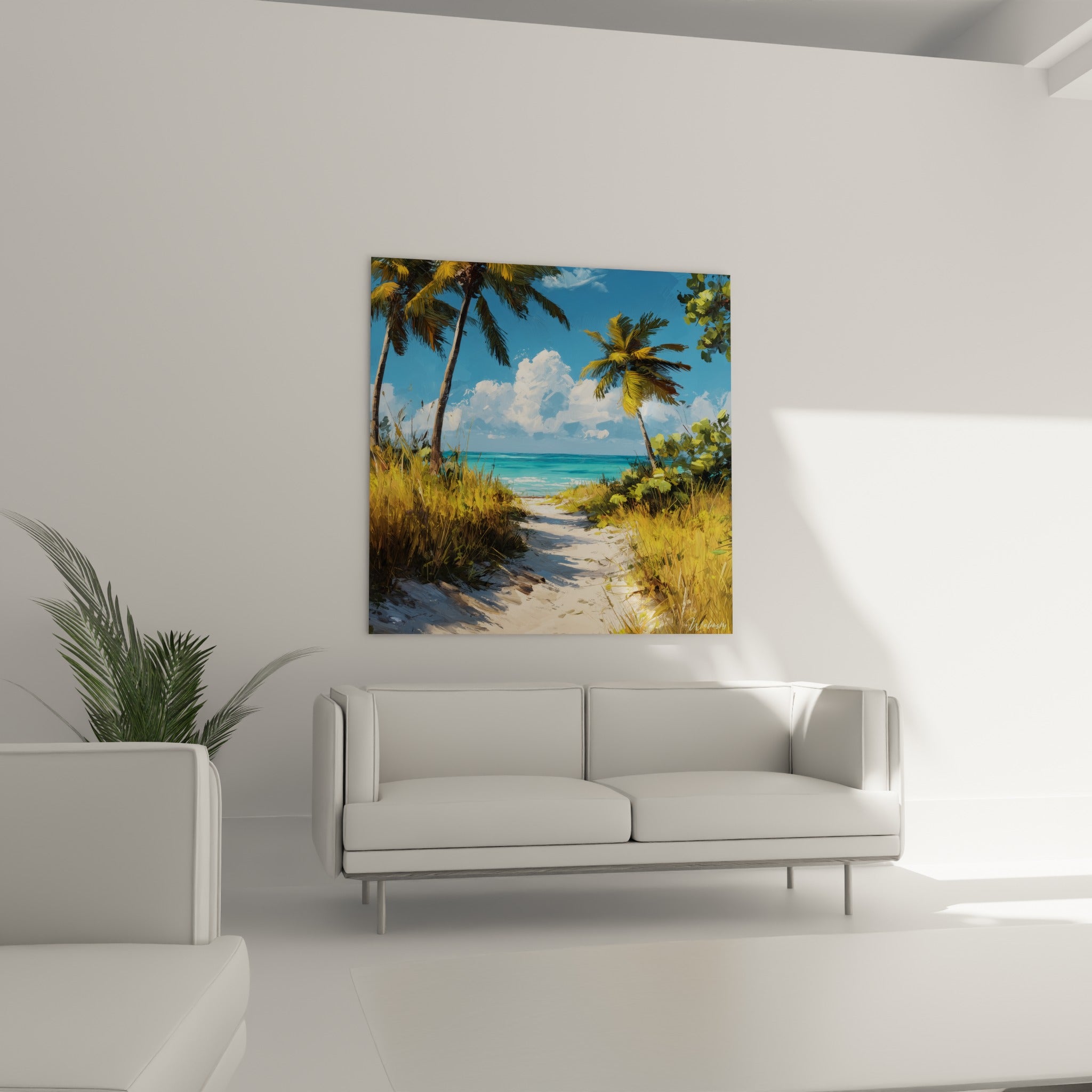 Chemin de plage traversant des herbes dorées vers une mer bleu turquoise, au-dessus d'un canapé dans un salon lumineux