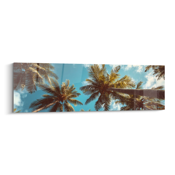 Tableau Cocotiers verts et bleu turquoise vus du sol - Nuages blancs épars - Edition Palmier