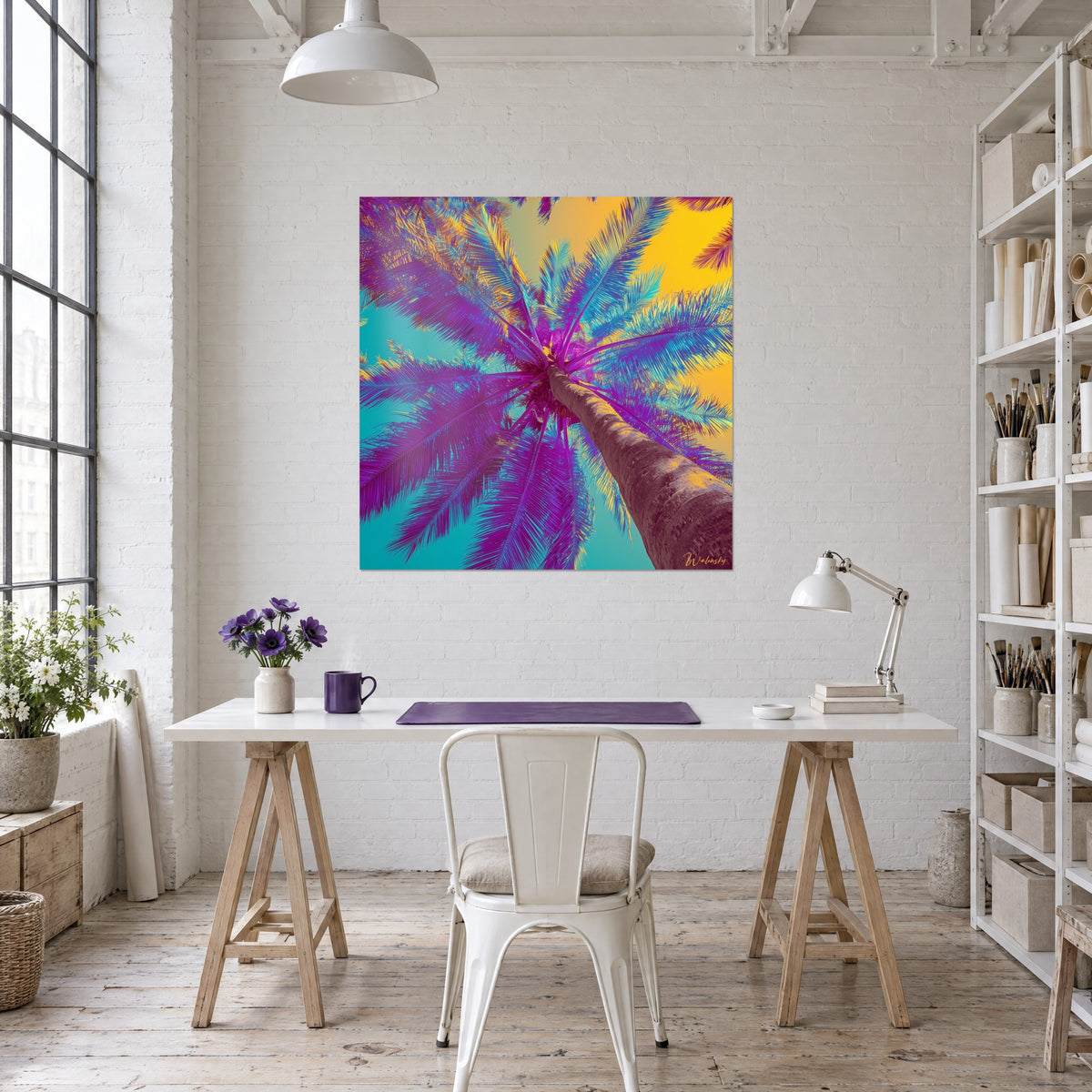 Wall art of a fan of violet and cyan palm leaves on a sunshine-yellow background, hung above a loft desk