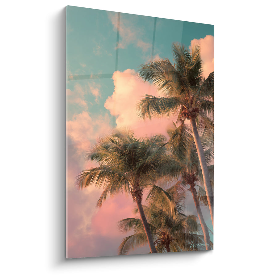 Tableau Palmiers verts et roses sous nuages vaporeux - Ciel turquoise pastel - Edition Palmier