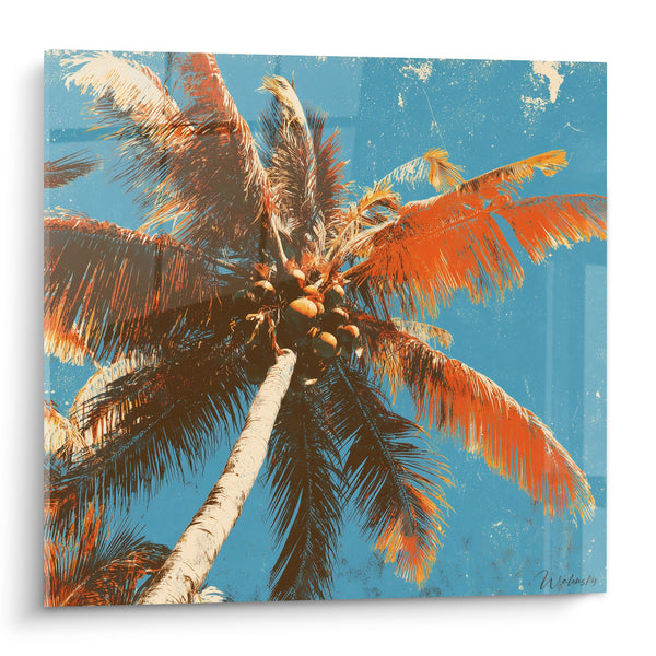 Tableau Cocotier orange et bleu vu d'en bas - Noix de coco groupées - Edition Palmier