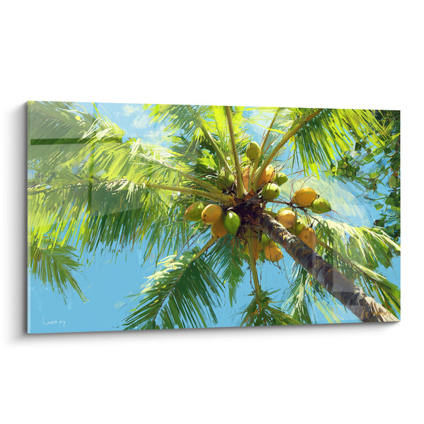 Tableau Noix de coco vert et jaune grappe suspendue - Tronc incliné brun - Edition Palmier