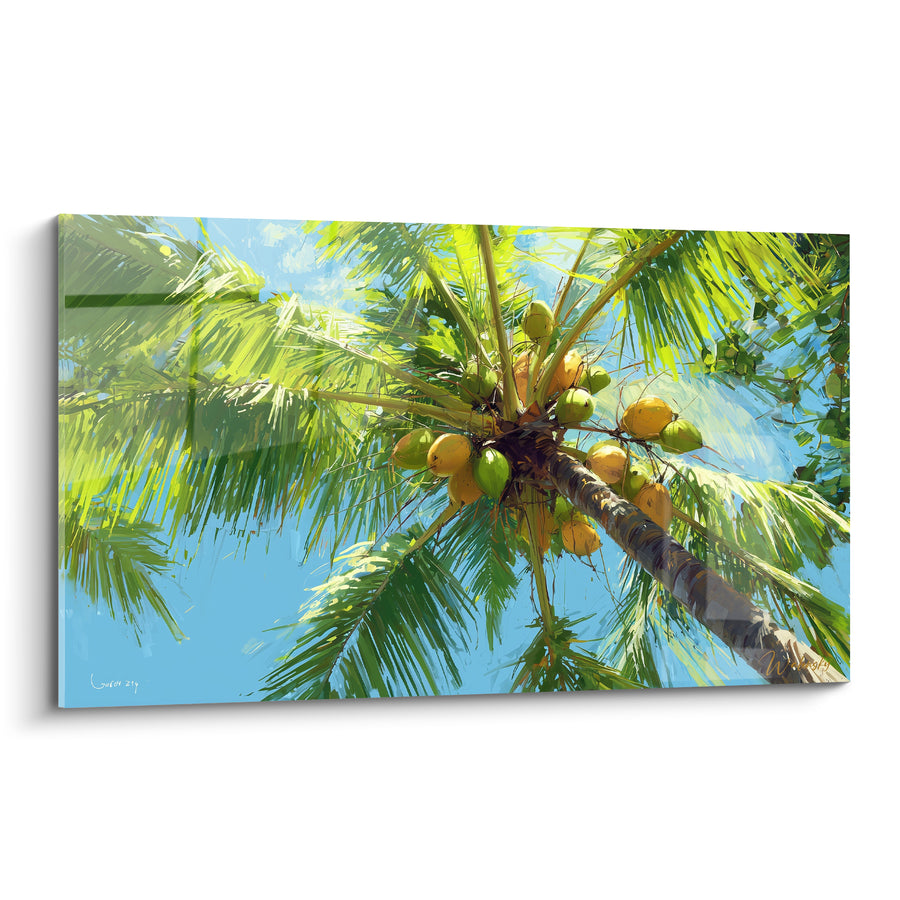Tableau Noix de coco vert et jaune grappe suspendue - Tronc incliné brun - Edition Palmier