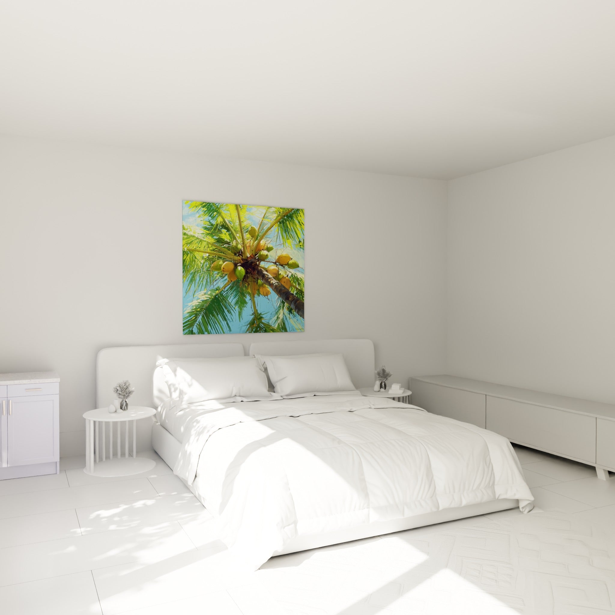 Cocotier chargé de fruits jaunes et verts accroché au-dessus d'un lit dans une chambre claire