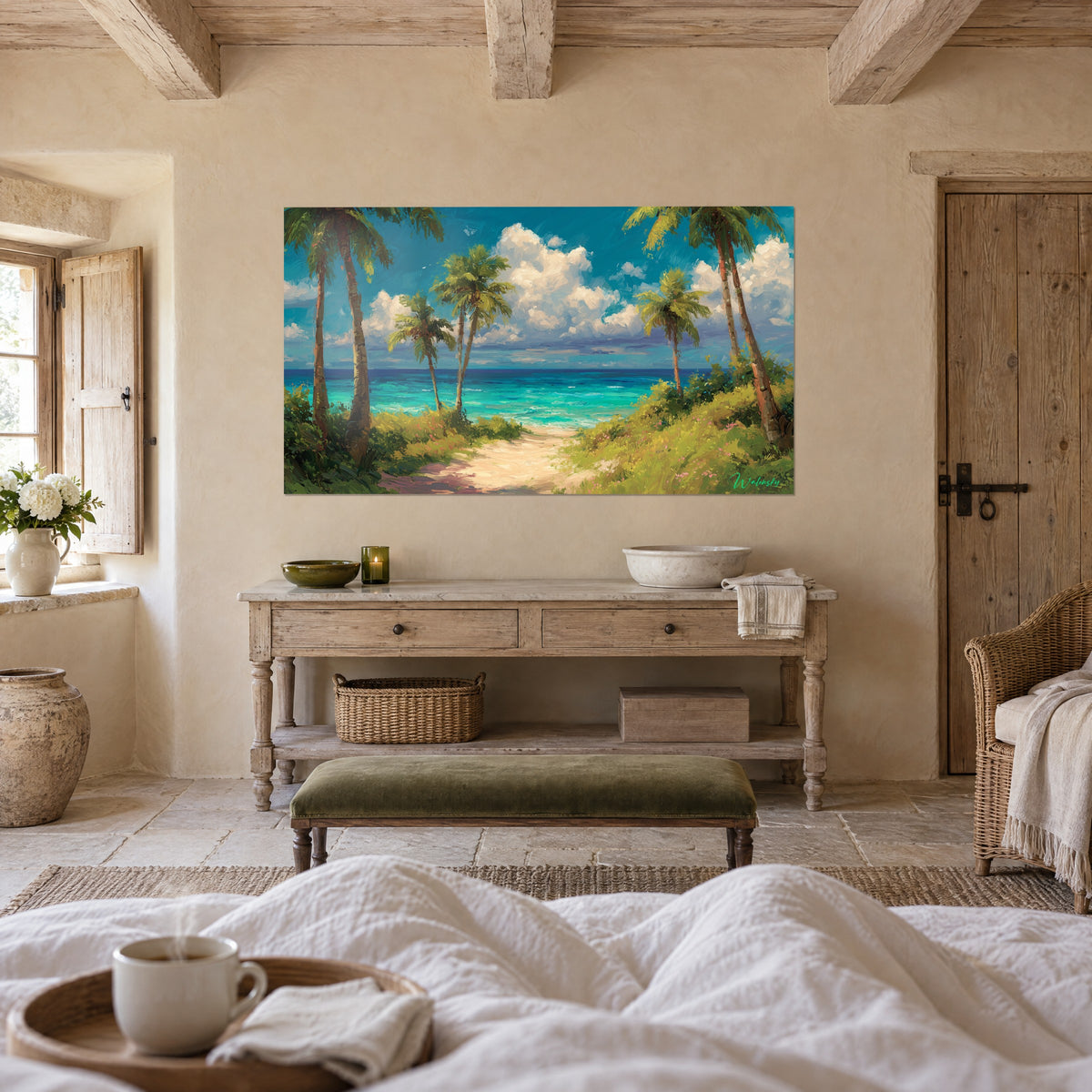Tableau cocotiers élancés face à l'océan bleu-vert, cumulus blancs en relief, au-dessus d'un lit dans une chambre claire