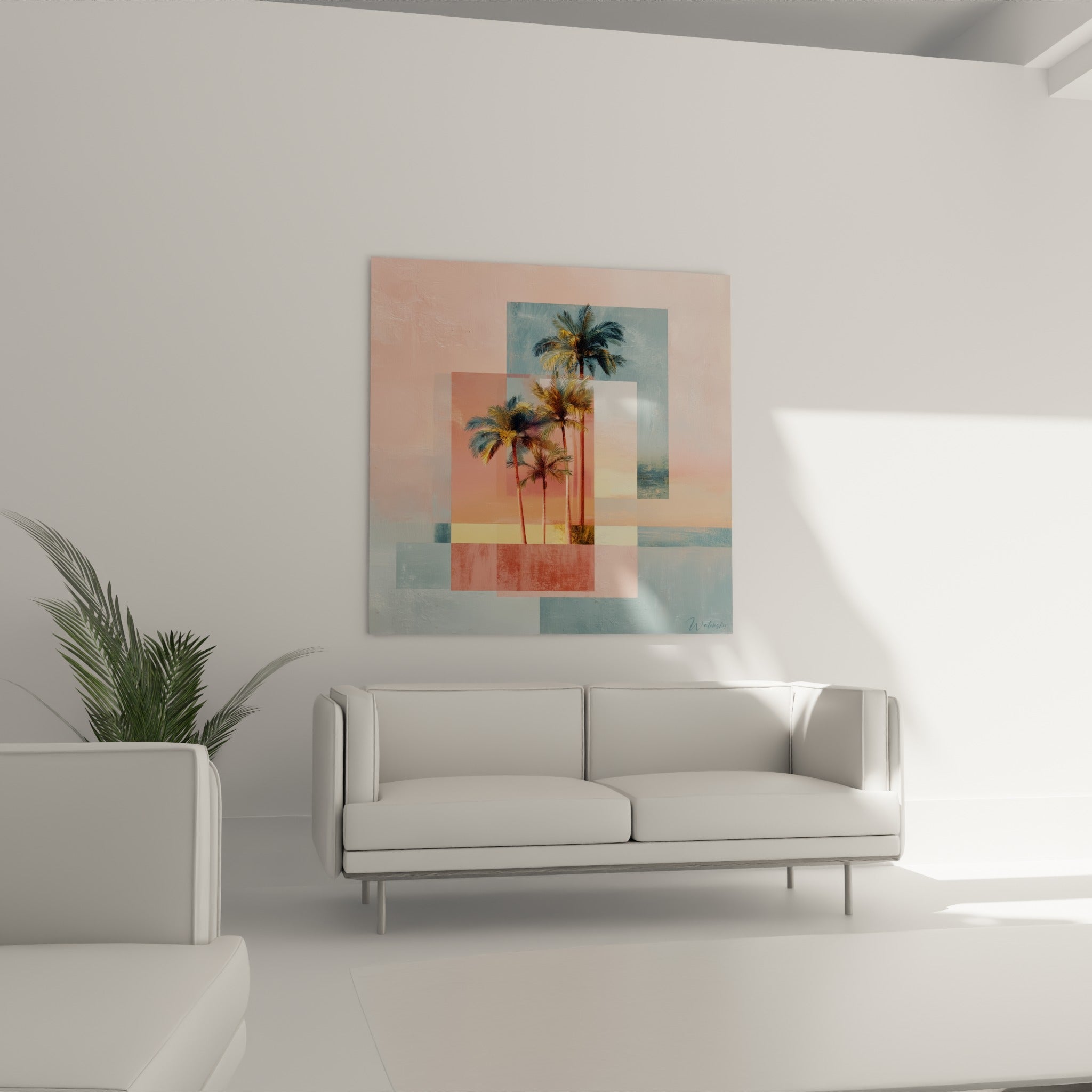 Composition tropicale rose et bleu grisé disposée au-dessus d'un canapé dans un salon lumineux
