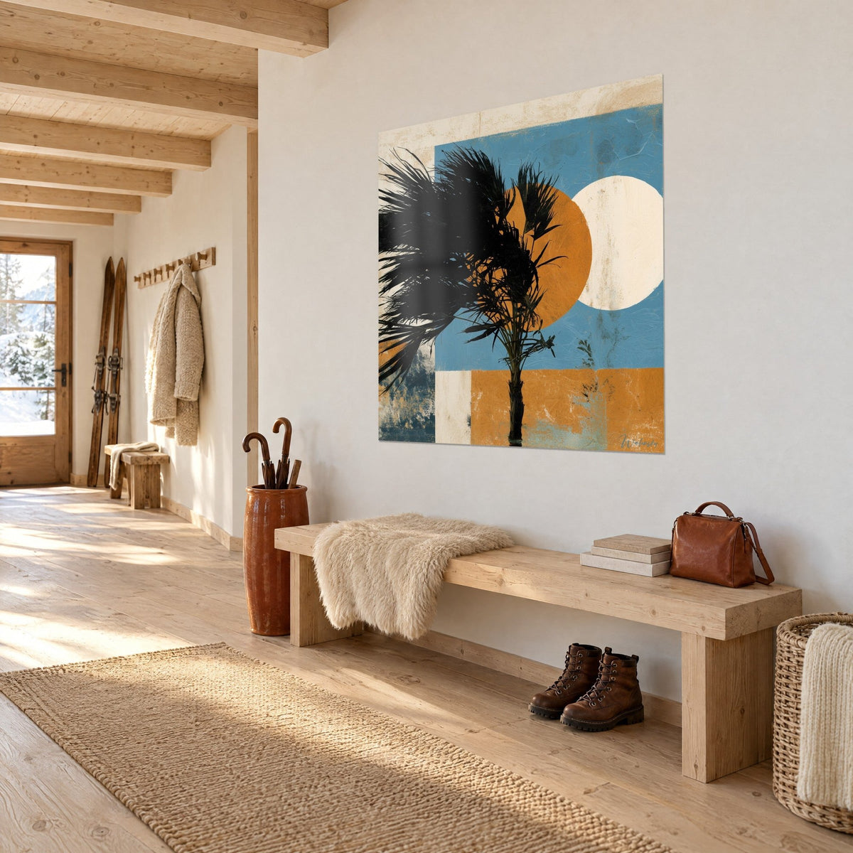 Wall art windswept palm tree silhouette, sky blue and ochre flat tones, hung in a light wood chalet entrance hall