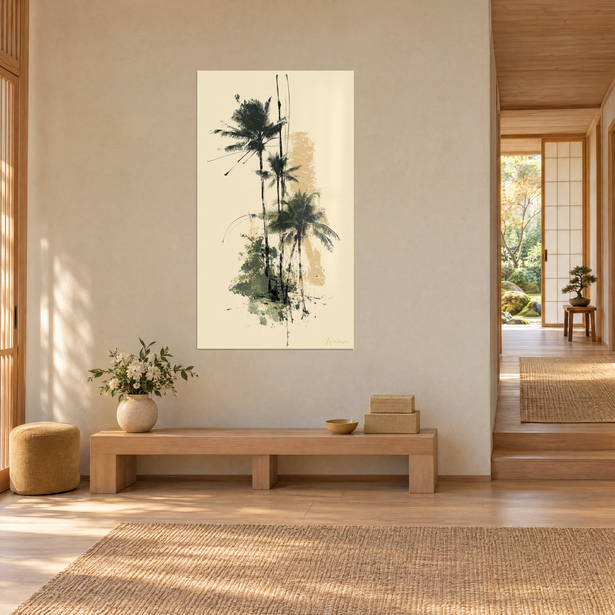Tableau trois cocotiers noirs et vert olive aux palmes projetées, aplat sable vers le centre, entrée en bois clair et couloir ouvert sur un jardin