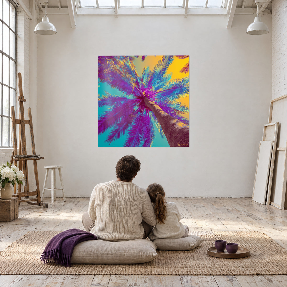 Wall art with a yellow sky and violet palm fronds arranged like a star around a brown trunk, admired by two people seen from behind in a loft