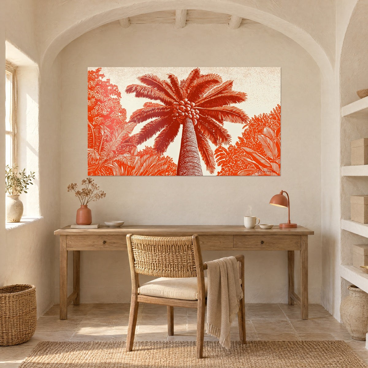 Tableau cocotier gravé en contre-plongée, palmes rouille et frondaisons orange sur fond ivoire, accroché sous une arche au-dessus d'un bureau en bois et d'une lampe corail