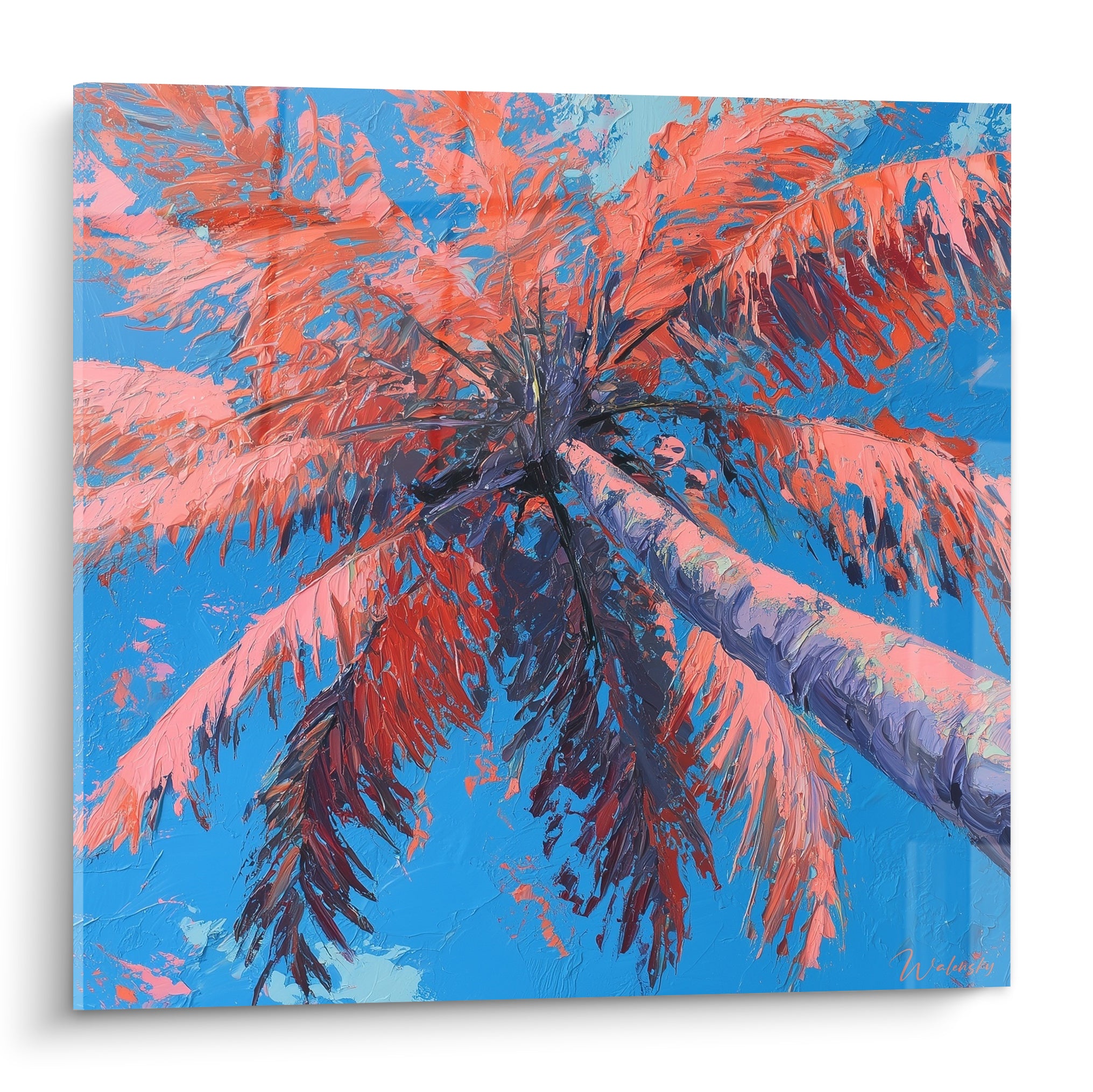 Palmier corail et bleu azur, vue du dessous, tronc mauve traversant la toile en diagonale