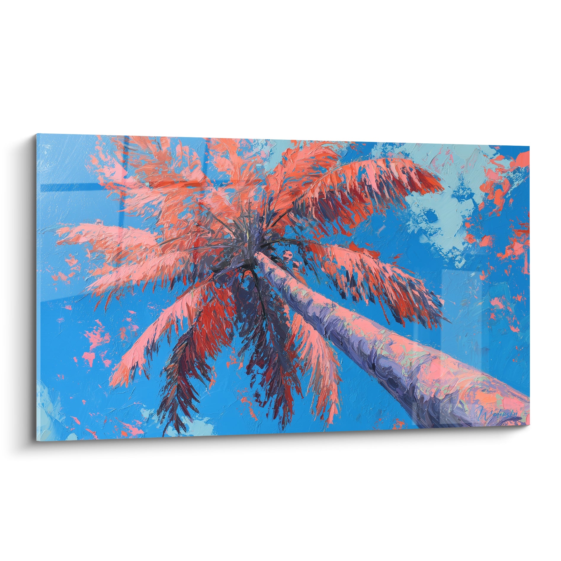 Palmier vu du sol, palmes corail et rouges sur fond bleu vif, tronc mauve peint en diagonale