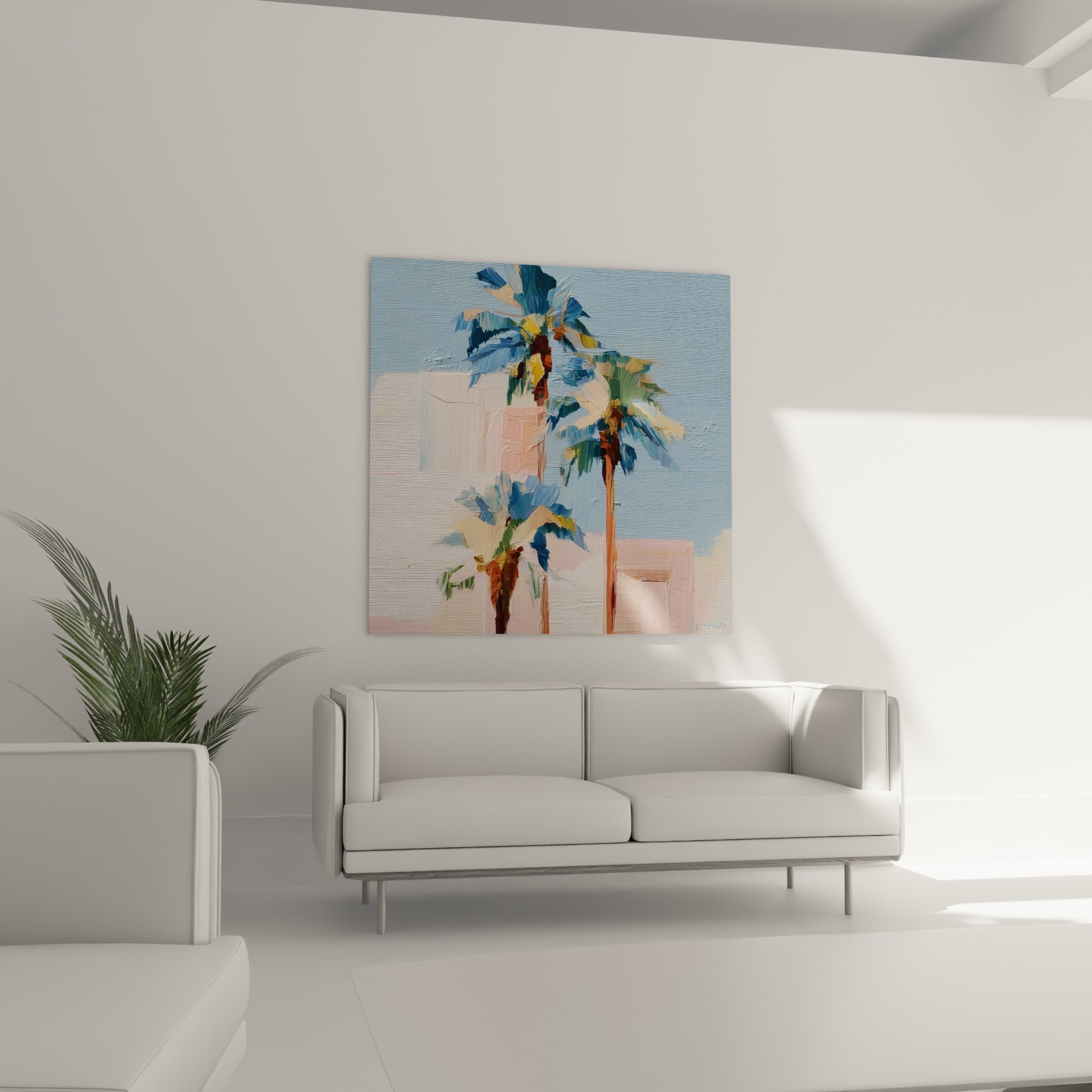 Palmiers roses et bleu pastel, touches dorées visibles, disposés au-dessus d'un canapé dans un salon lumineux