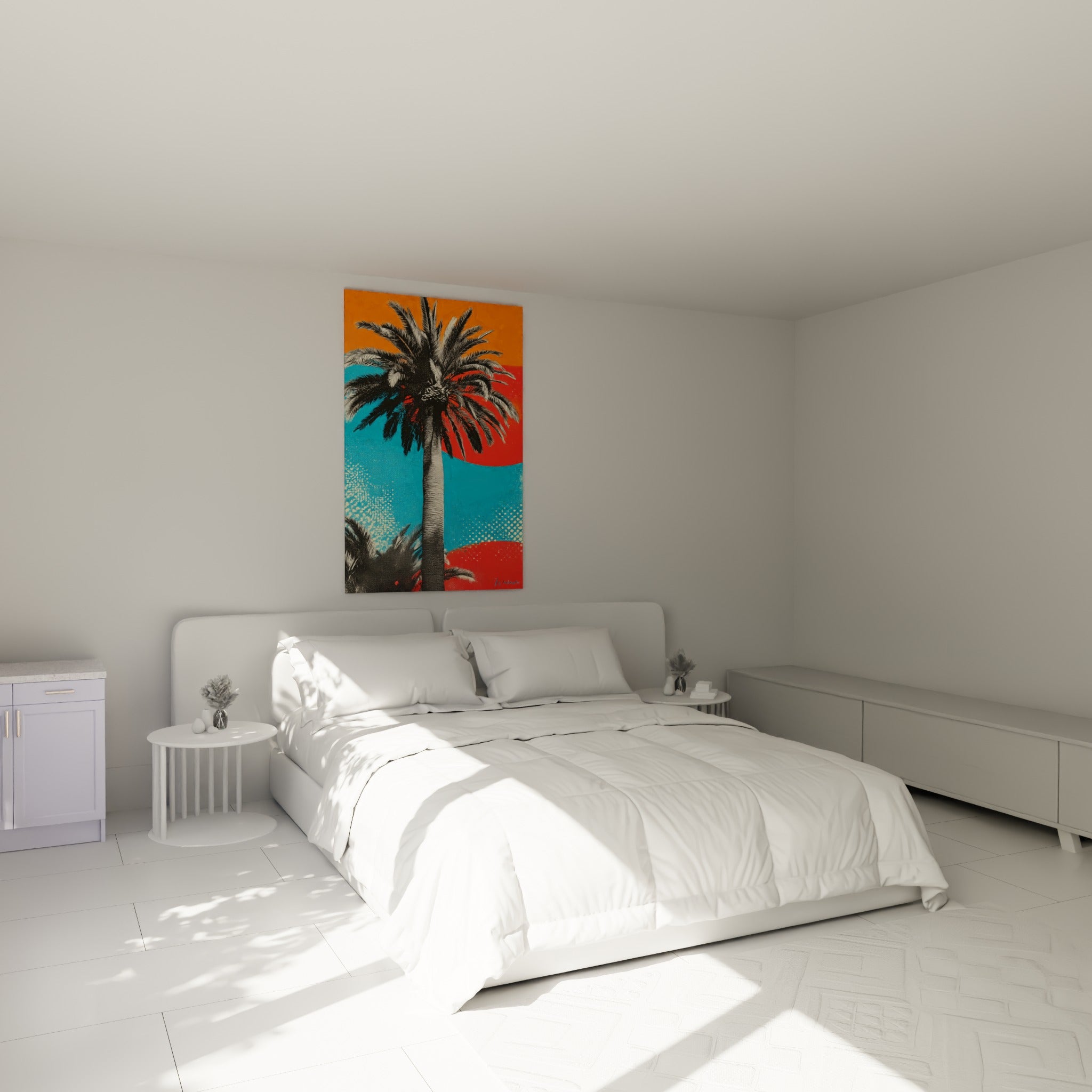 Feuillage sombre du palmier contrastant avec le corail et le turquoise, au-dessus d'un lit dans une chambre claire