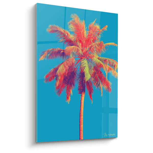 Vibrant Red and Turquoise Palm Tree Artwork on Solid Background - Bright Coral Trunk - Palm Tree Edition