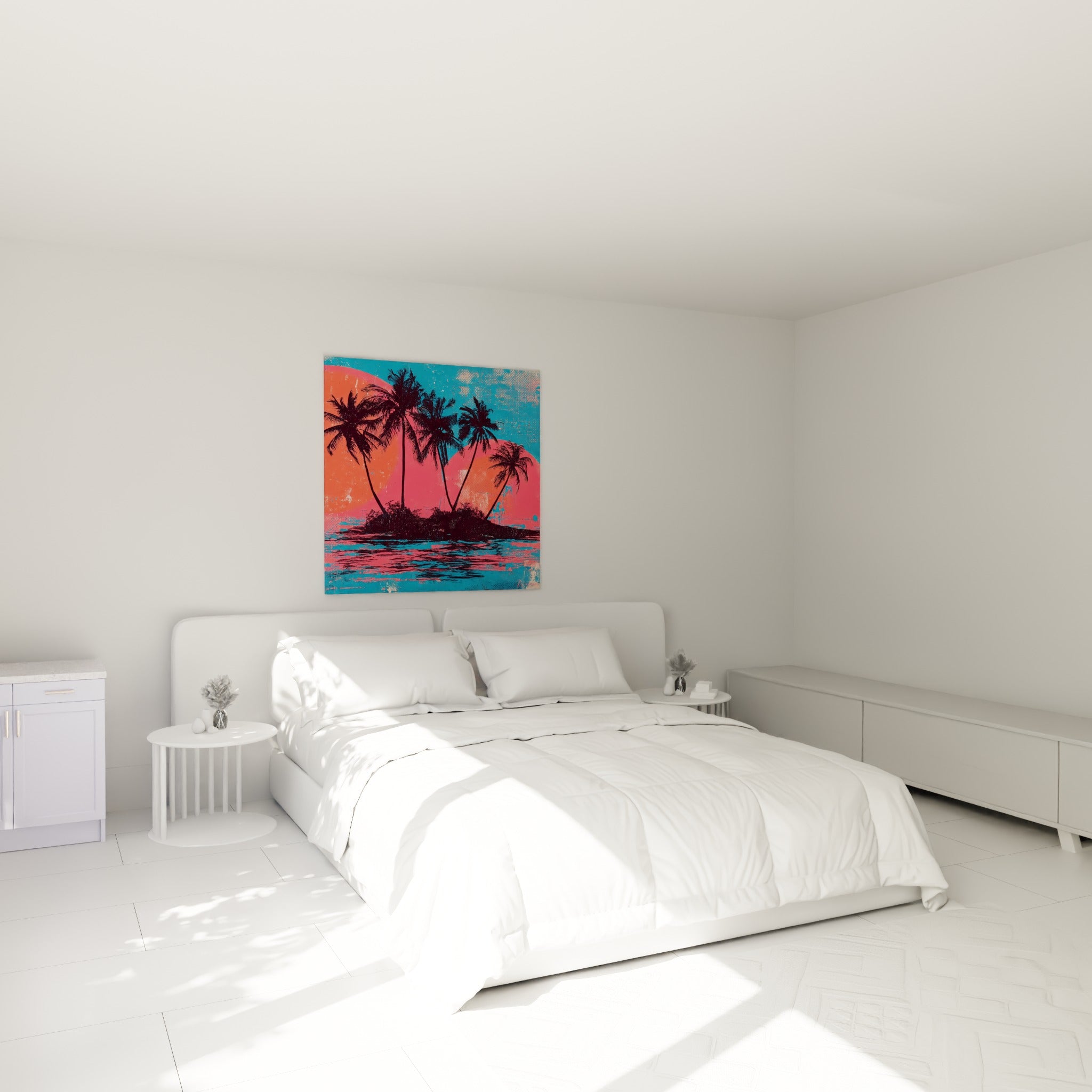 Silhouettes de palmiers sur ciel rose et bleu, tableau accroché au-dessus d'un lit dans une chambre claire