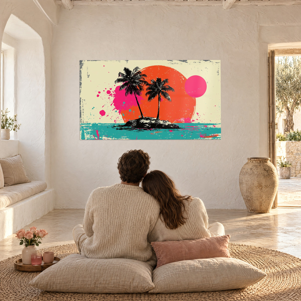 Wall art black rock topped with two palm trees, orange sun, fuchsia highlights, turquoise band, couple seen from behind seated on cushions