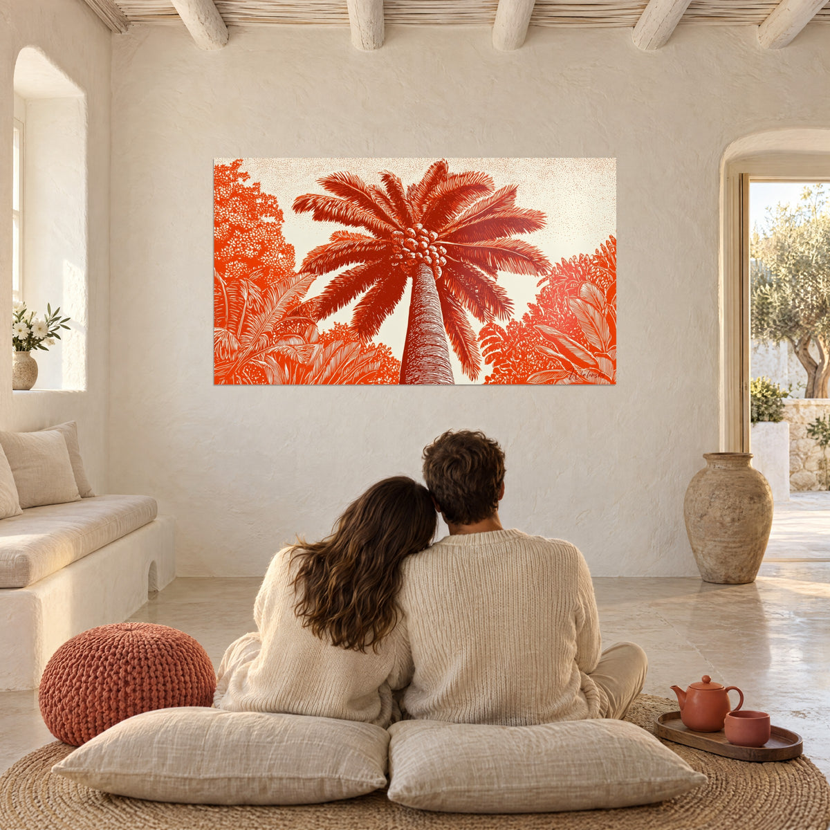 Tableau jungle de palmes orange et brun-rouge sur fond ivoire, couple de dos enlacé sur des coussins de sol beiges, théière corail, grande pièce chaulée