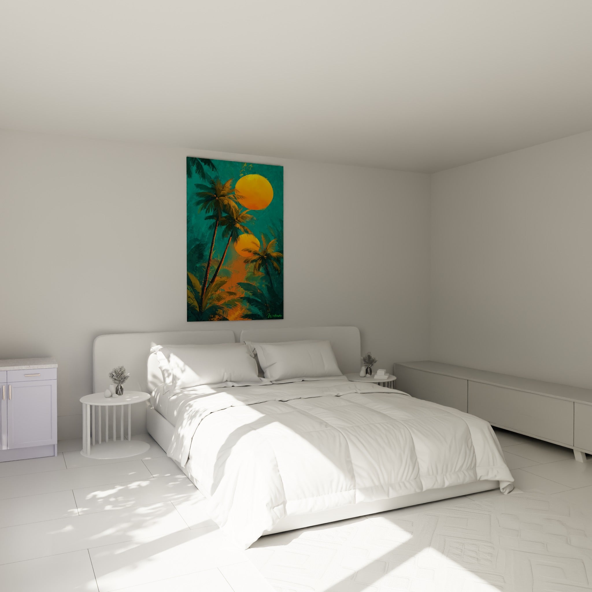 Silhouettes de palmiers et soleils orangés au-dessus d'un lit dans une chambre claire