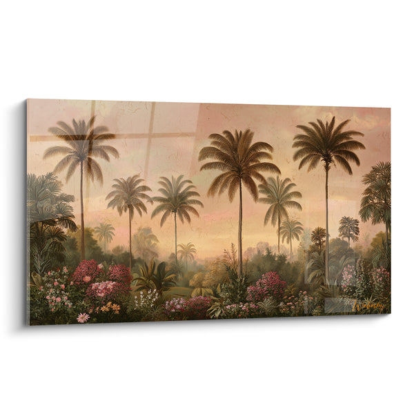Tableau Palmiers roses et verts jardin fleuri - Ciel crépusculaire tropical - Edition Palmier
