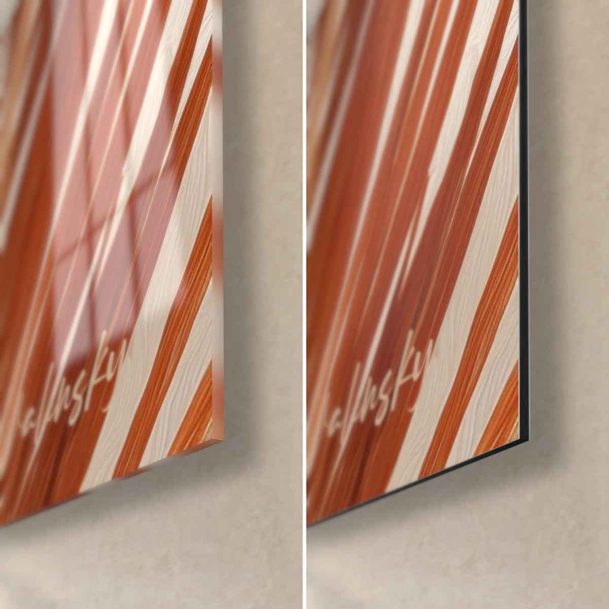 Gemälde mit rostfarbenen Palmwedeln, cremefarben gestreift, untere rechte Ecke: glänzendes Acrylglas links, mattschwarzes Alu-Dibond rechts, 3 mm Kante